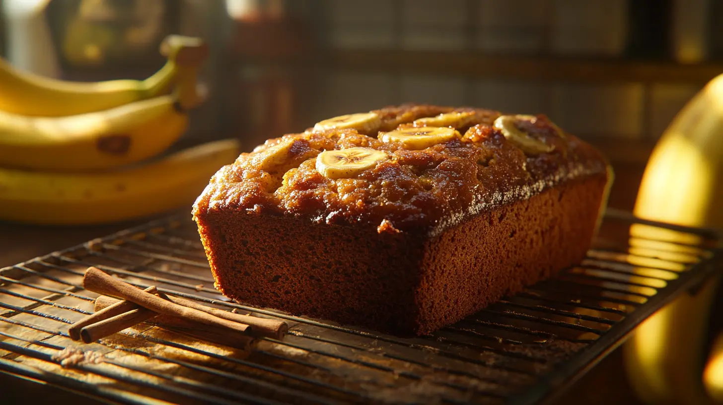 Freshly baked banana bread resting on a cooling rack with ripe bananas nearby