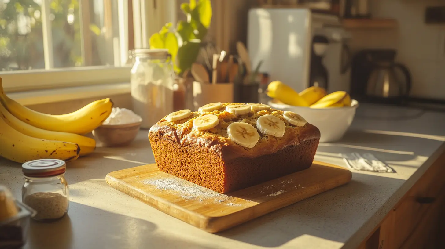 Banana bread with bananas, baking soda, and baking powder on a wooden board in a sunny kitchen