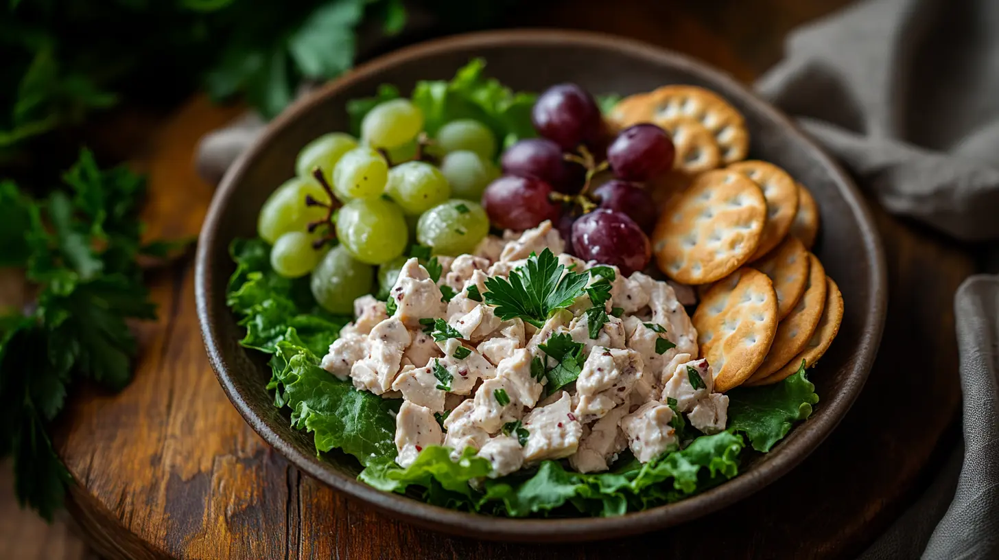 Homemade Chicken Salad Chick recipe served with crackers and grapes