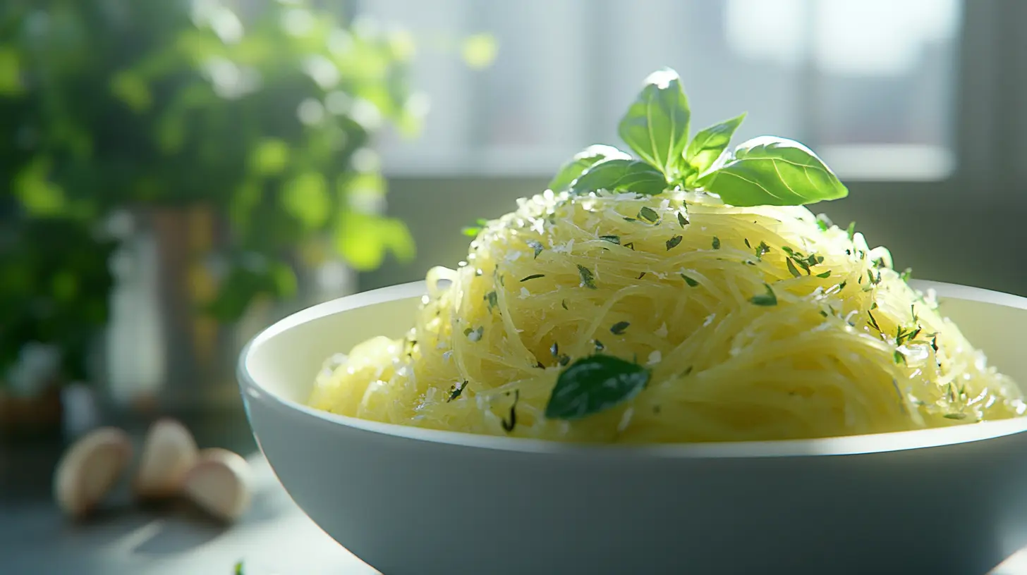 Why is Spaghetti Squash Green? 4 Cooked green spaghetti squash served in a bowl with herbs and garlic, ready to eat.