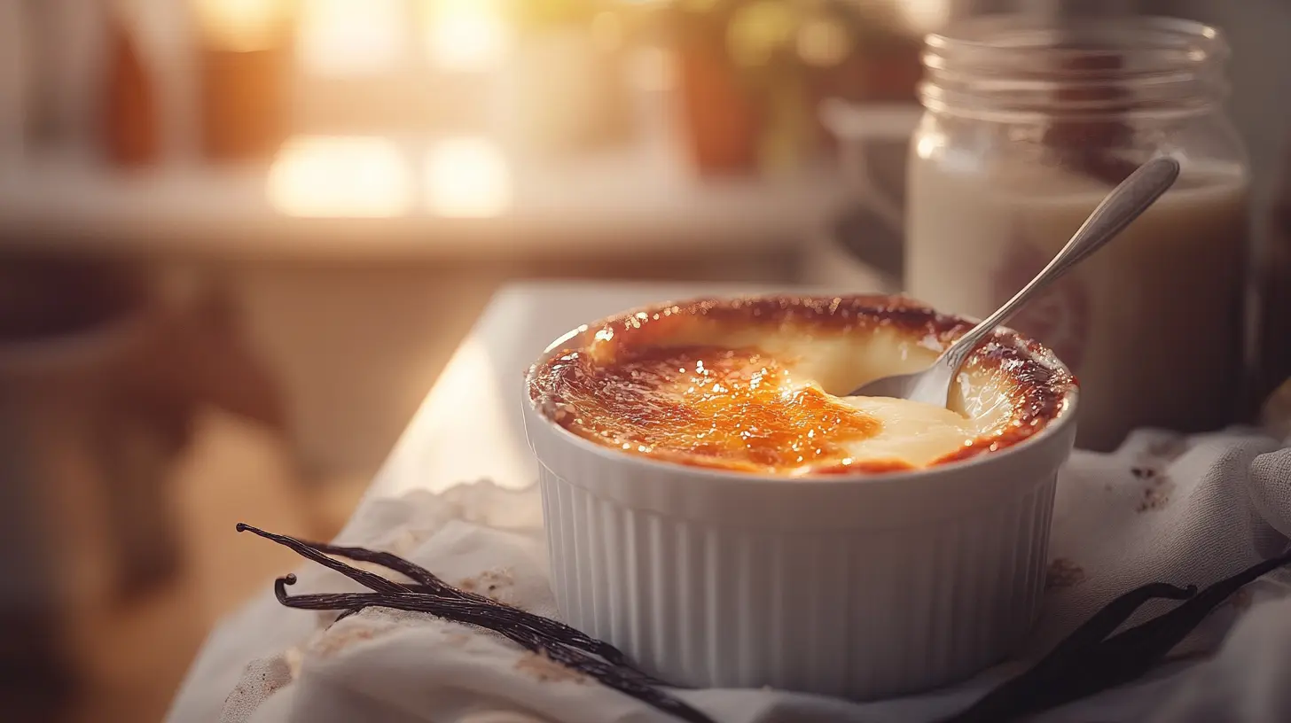 Crème brûlée with caramelized sugar crust and a spoon cracking the top.