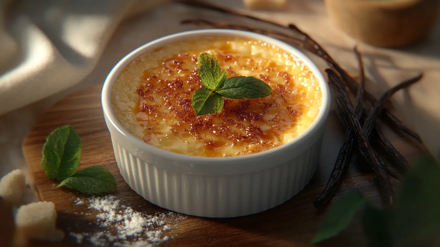 Classic crème brûlée with a caramelized sugar crust and vanilla bean garnish.