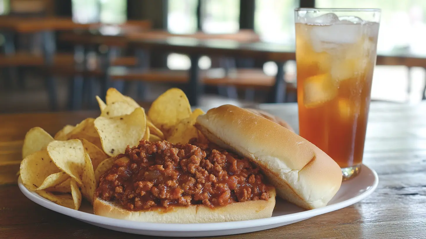 A plate of 3-ingredient Sloppy Joes with potato chips and iced tea.