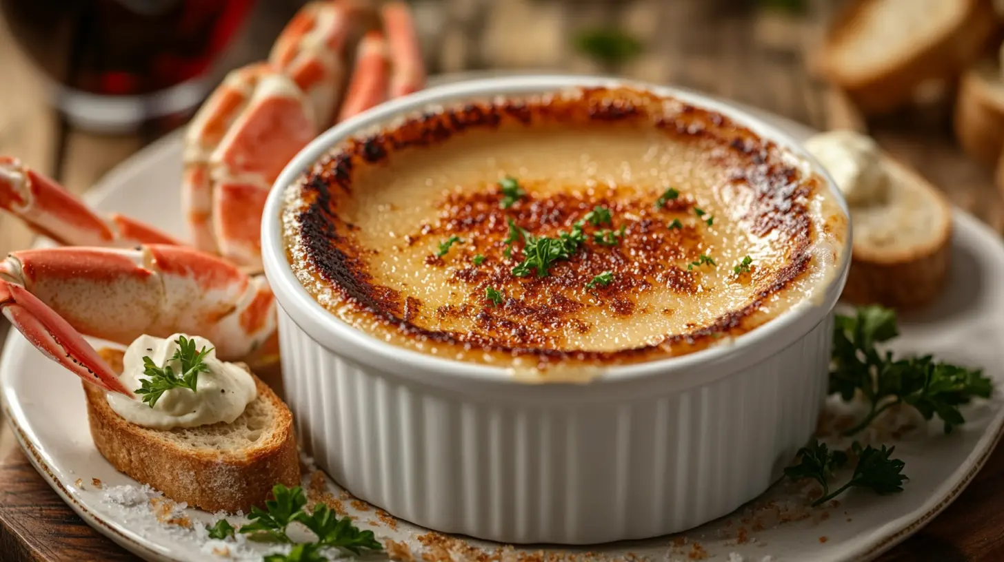 Featured Crab Brulee with parsley garnish and crostini.