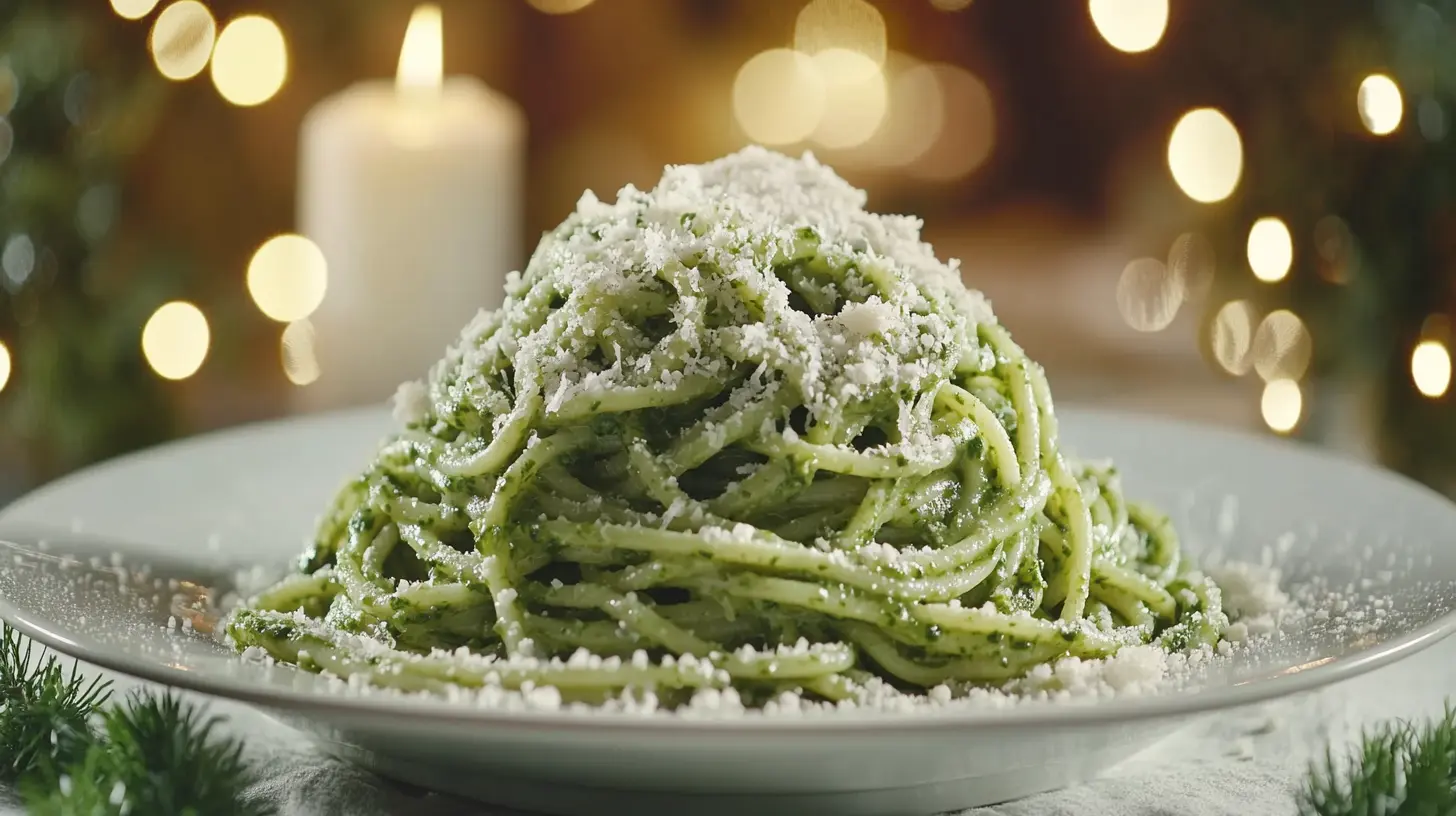 Plated green spaghetti garnished with Parmesan and fresh herbs.