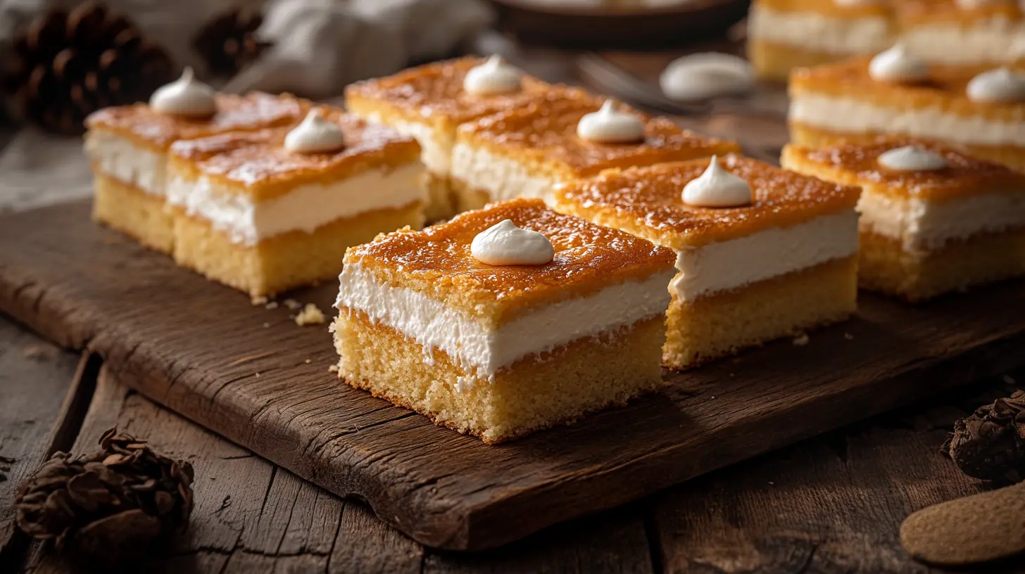 Freshly baked kefir sheet cake with frosting on a wooden table.