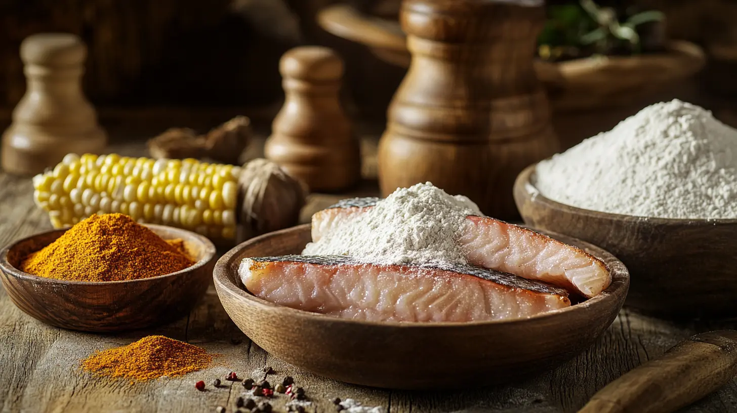 A bowl of hillbilly fish fry seasonings recipe with fresh fish fillets on a rustic wooden countertop.