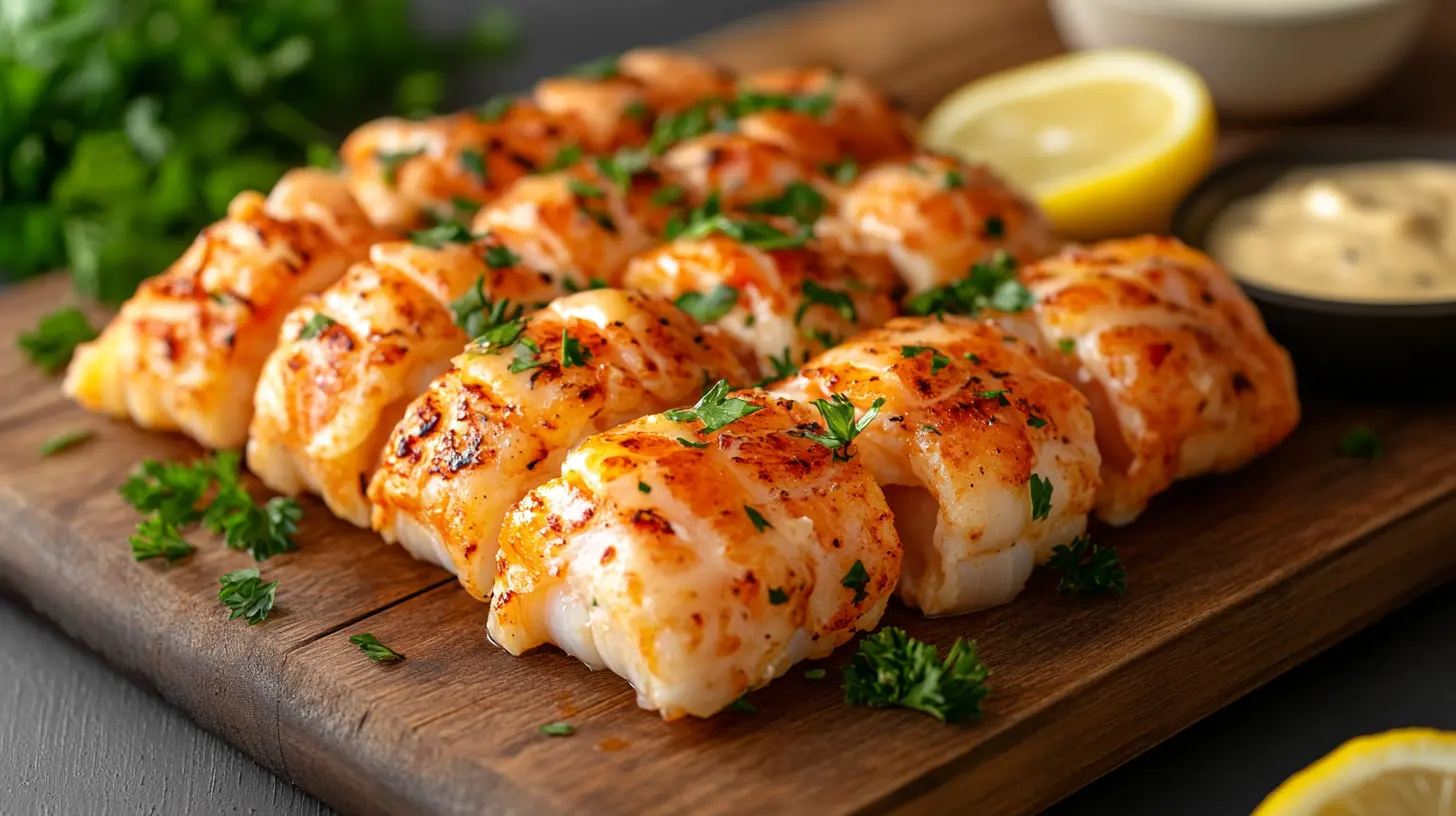 Langostino tails on a wooden platter with lemon and parsley