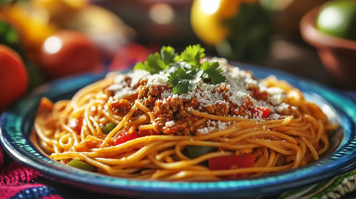 Vibrant plate of Mexican spaghetti with colorful toppings