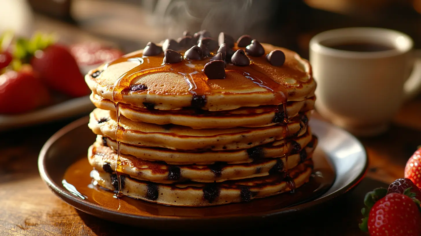 Stack of fluffy chocolate chip pancakes with syrup and fruit.