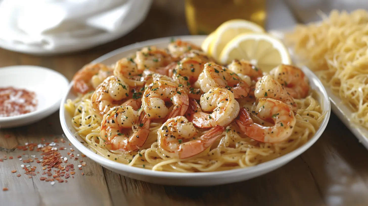 Shrimp Scampi without wine served over pasta with lemon slices.