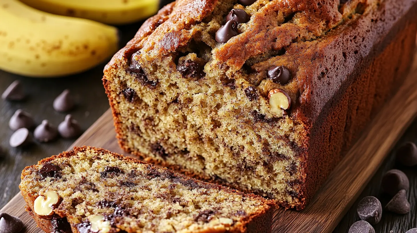 Golden banana bread surrounded by ripe bananas and walnuts.