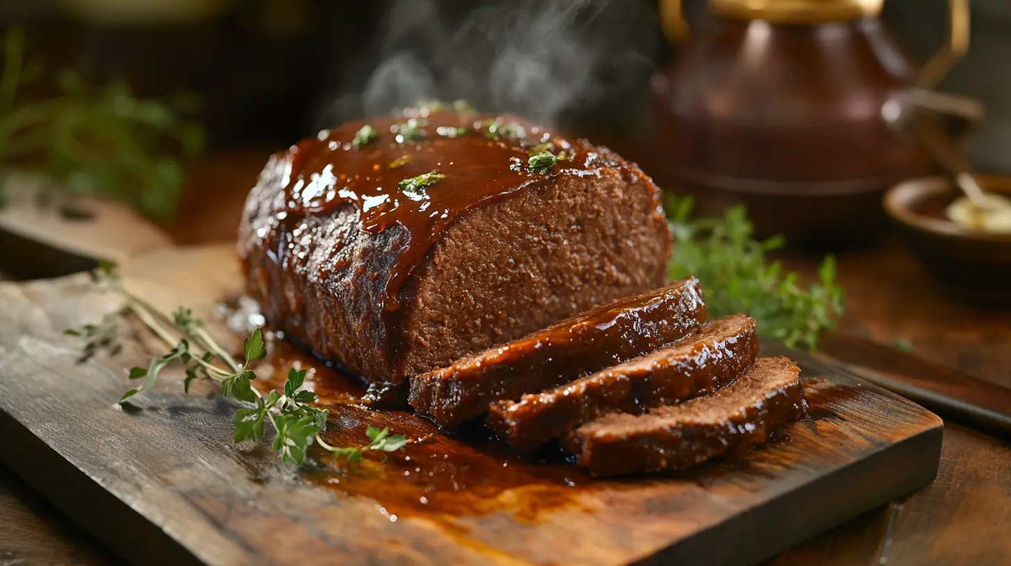 Smoked meatloaf sliced with BBQ glaze on a table