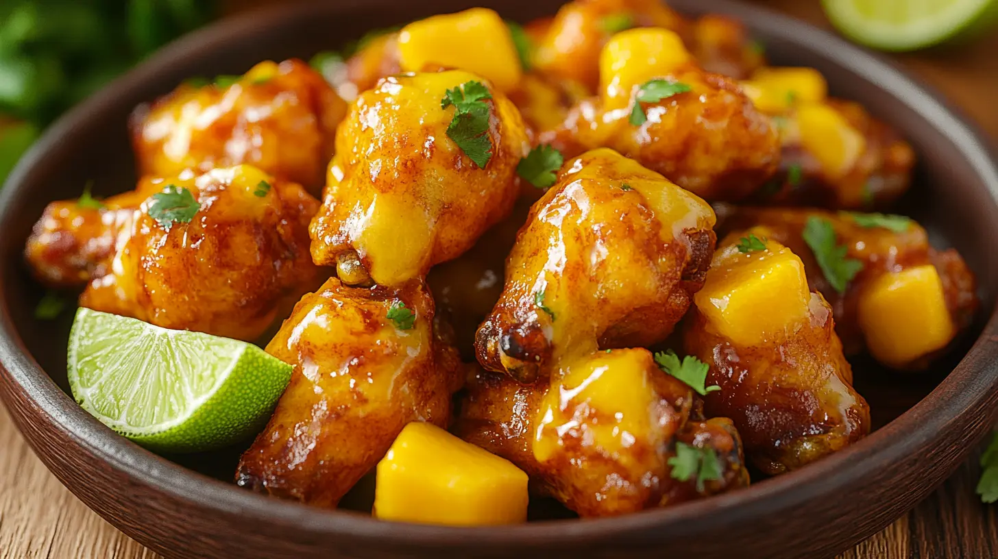 Sweet and spicy mango habanero wings on a wooden table.