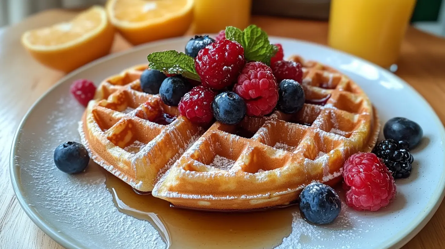 Vegan and gluten-free waffles served with berries and syrup