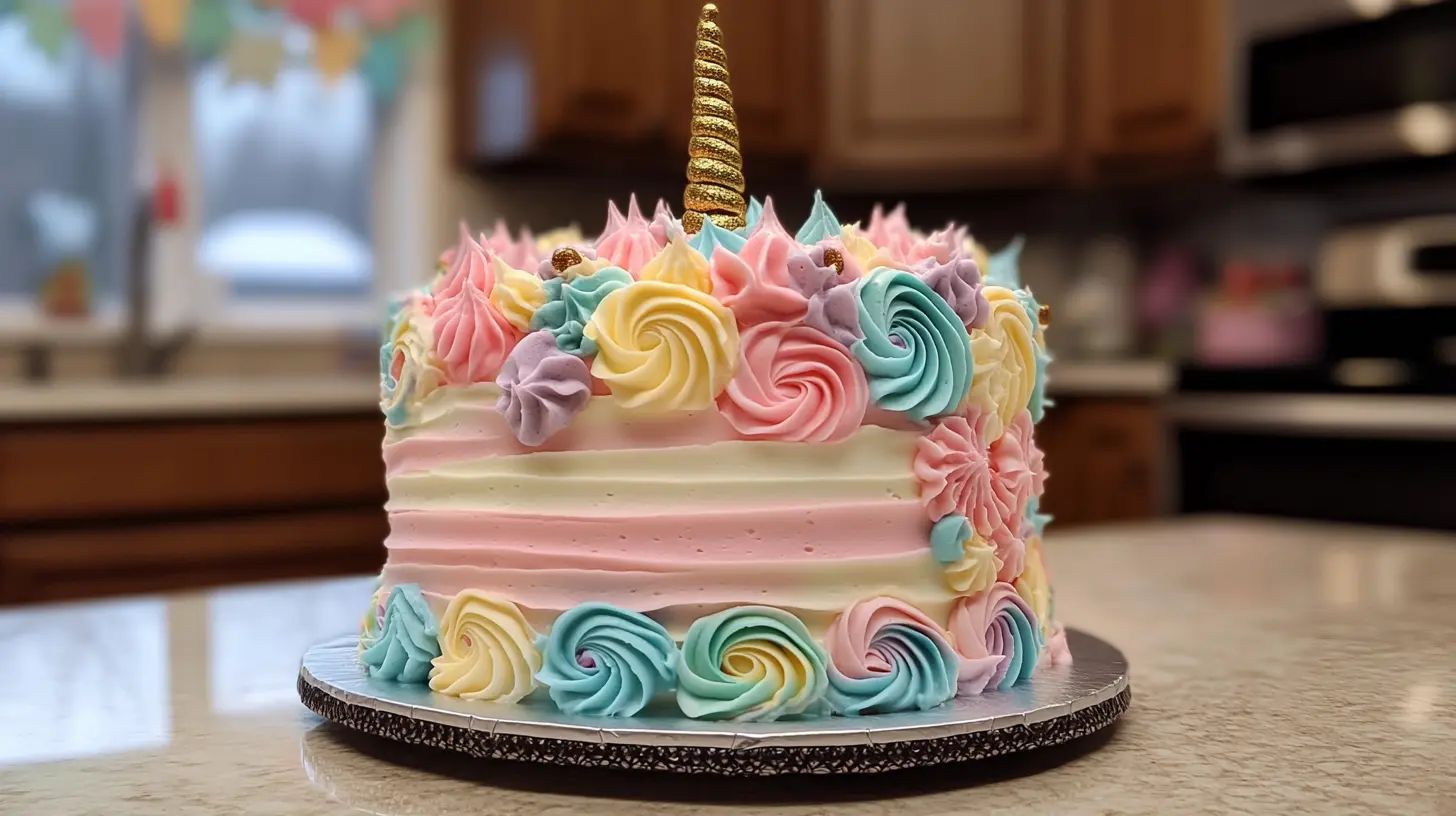 Unicorn-themed cake with rainbow swirls and edible gold horn