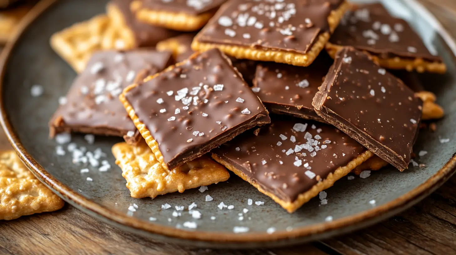 Plate of Cheez It peanut butter and chocolate treats garnished with sea salt.