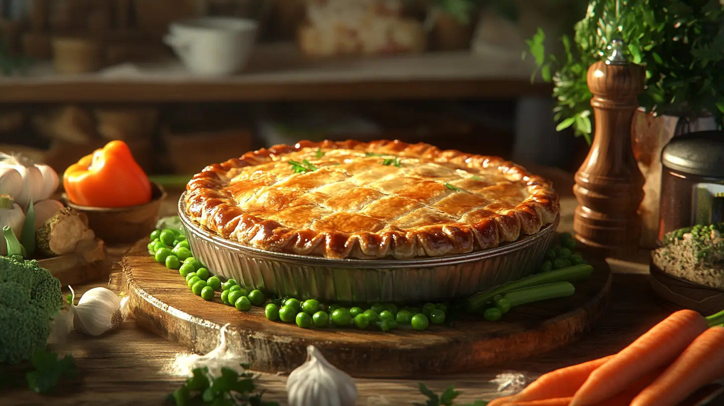 Golden chicken pot pie with fresh vegetables on a wooden table