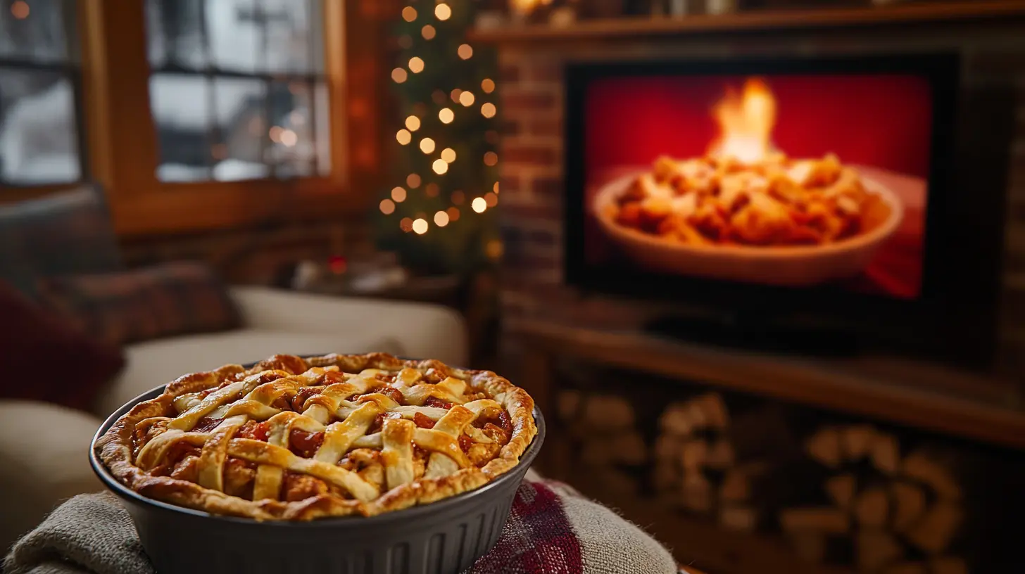 A chicken pot pie on a table with a TV in the background showing a sitcom scene