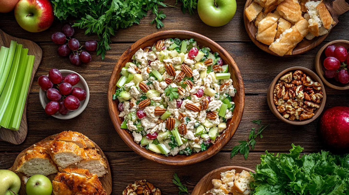 A variety of Chicken Salad Chick dishes surrounded by fresh ingredients