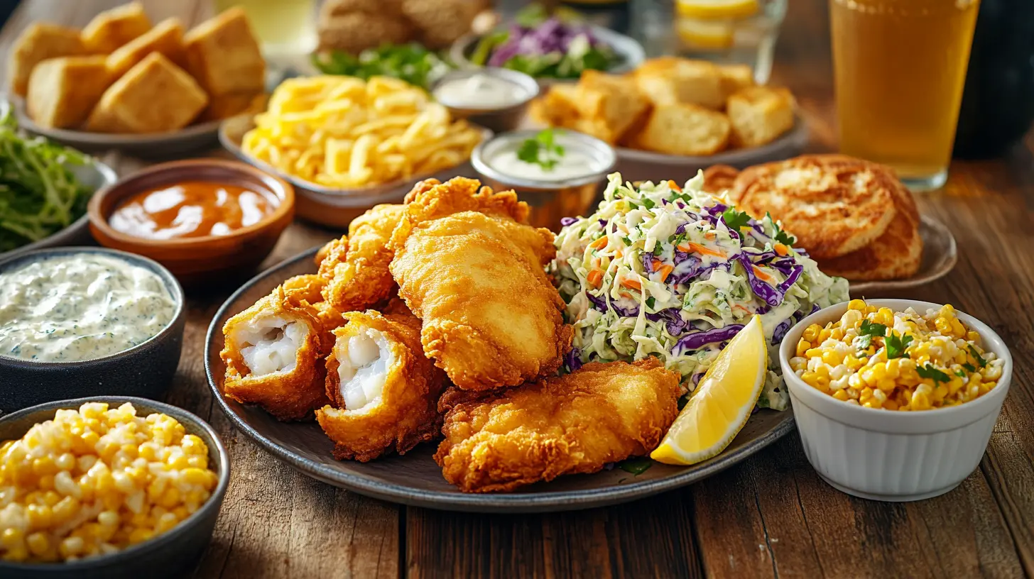 A spread of crispy fried fish with sides like coleslaw, tartar sauce, and cornbread