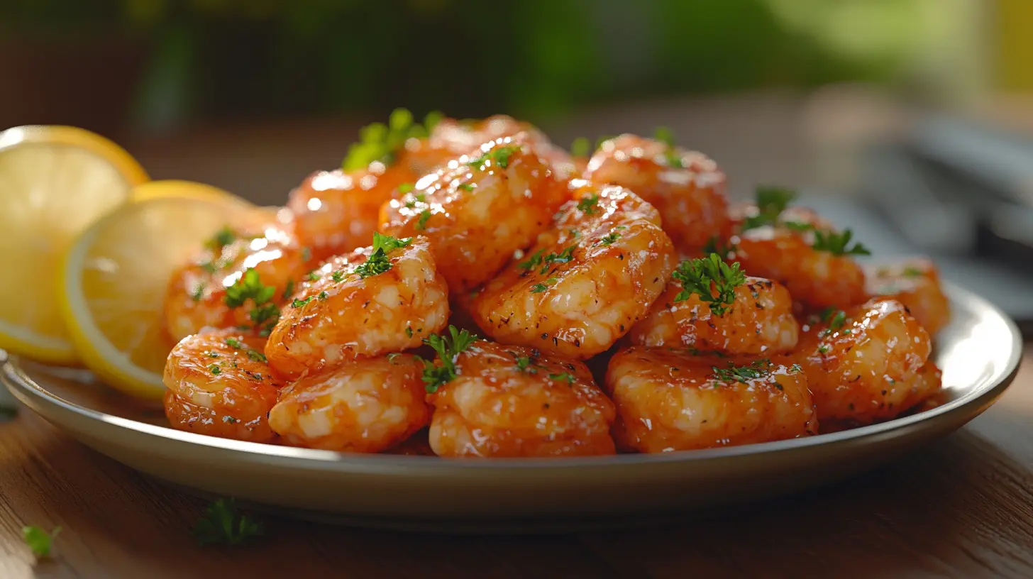 Cooked langostino tails with parsley and lemon slices