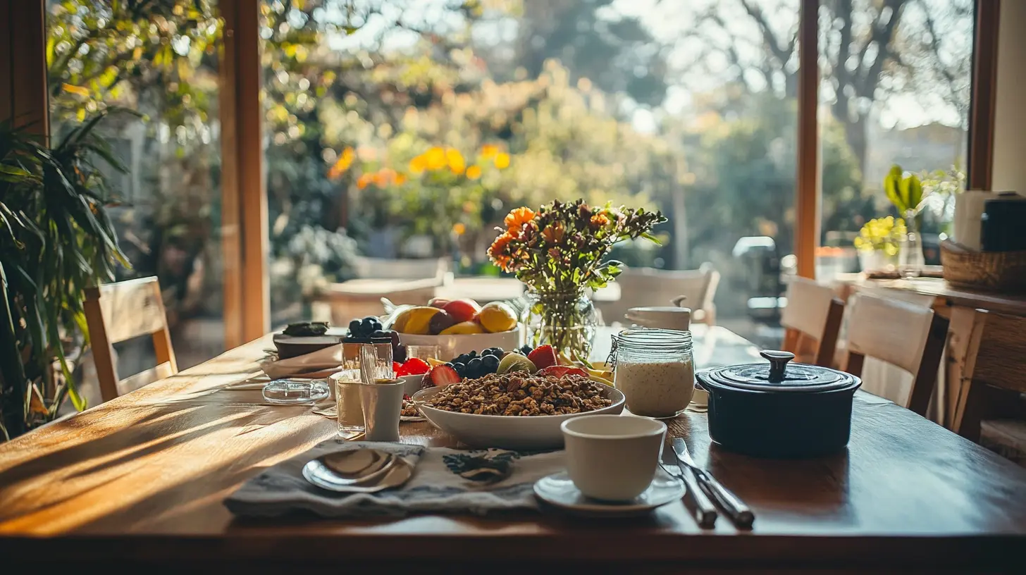 A cozy breakfast table with granola, yogurt, and fresh fruits