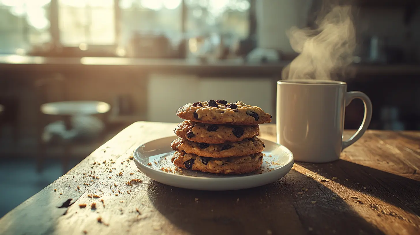 Plate of oatmeal raisin chocolate chip cookies with coffee on a rustic table