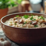 Steaming bowl of creamy mushroom risotto topped with parsley and Parmesan.