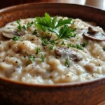 A bowl of creamy mushroom risotto garnished with fresh parsley.