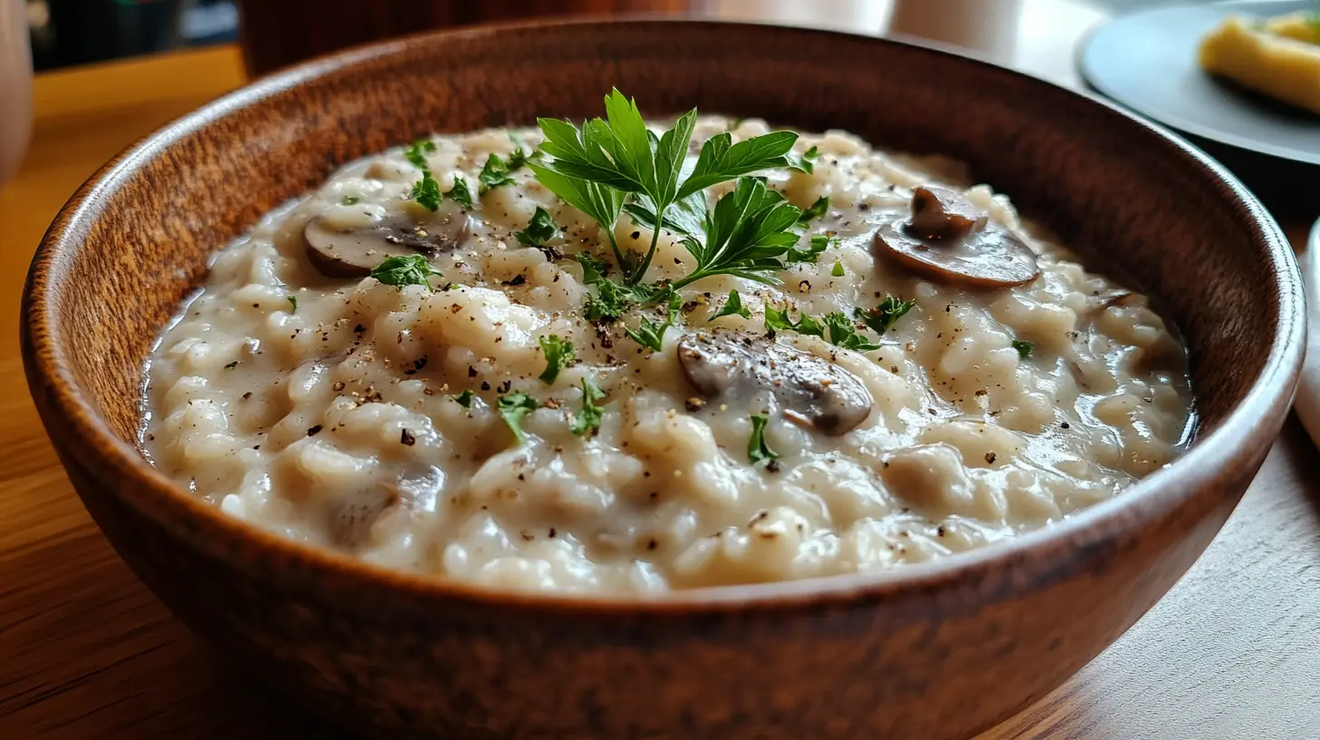 A bowl of creamy mushroom risotto garnished with fresh parsley.