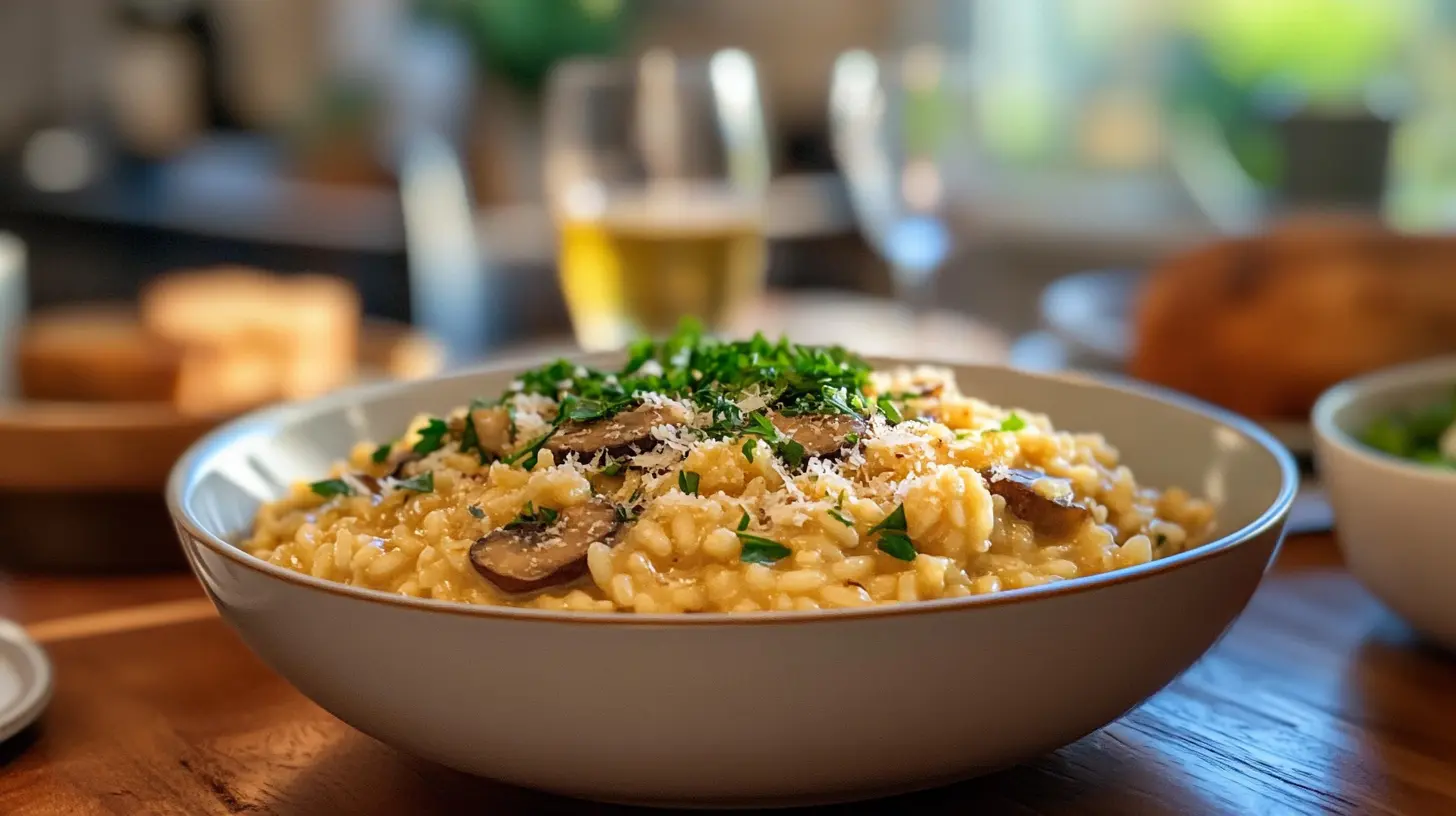 A bowl of creamy mushroom risotto garnished with parsley on a rustic table.