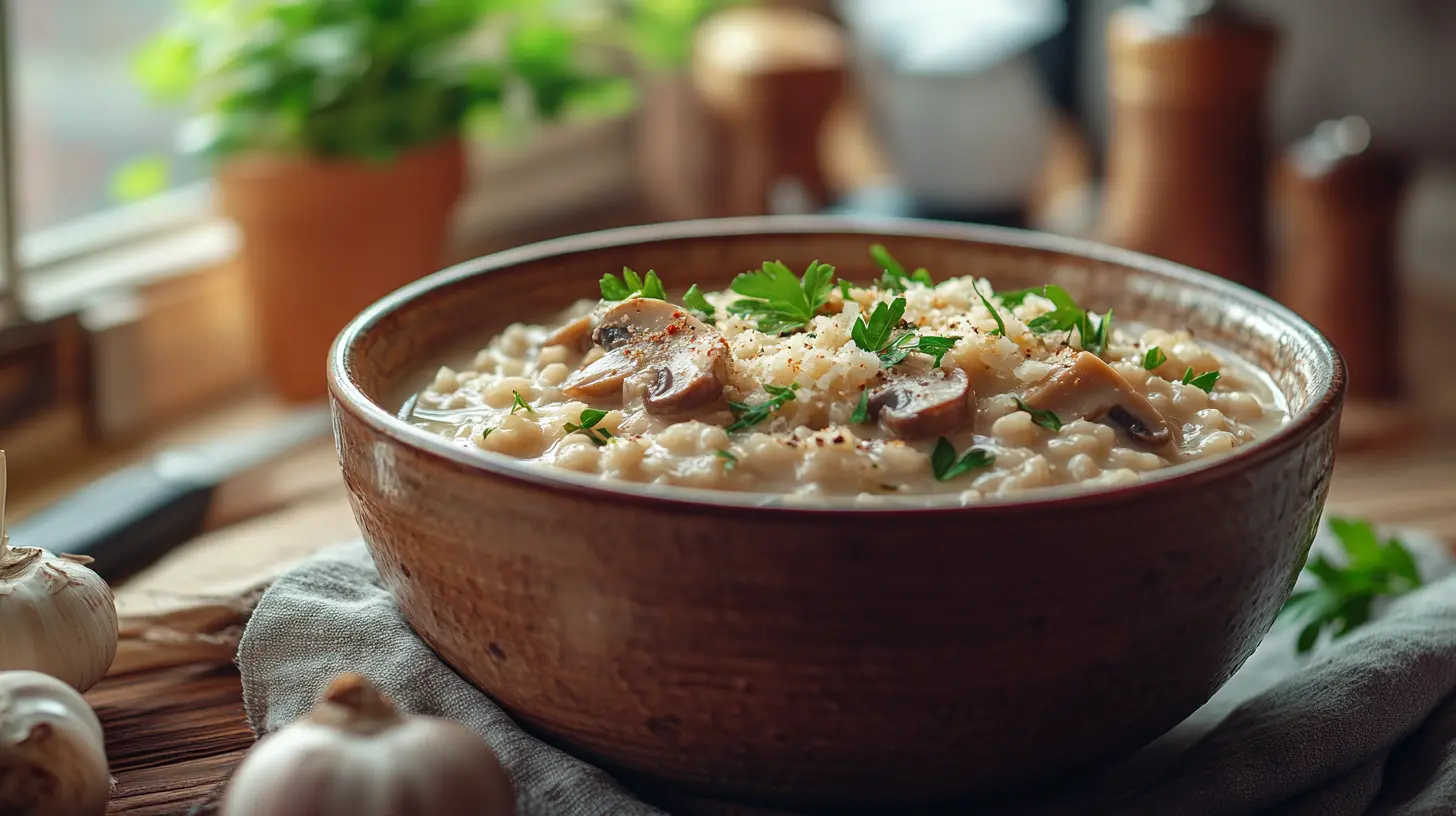 Steaming bowl of creamy mushroom risotto topped with parsley and Parmesan.