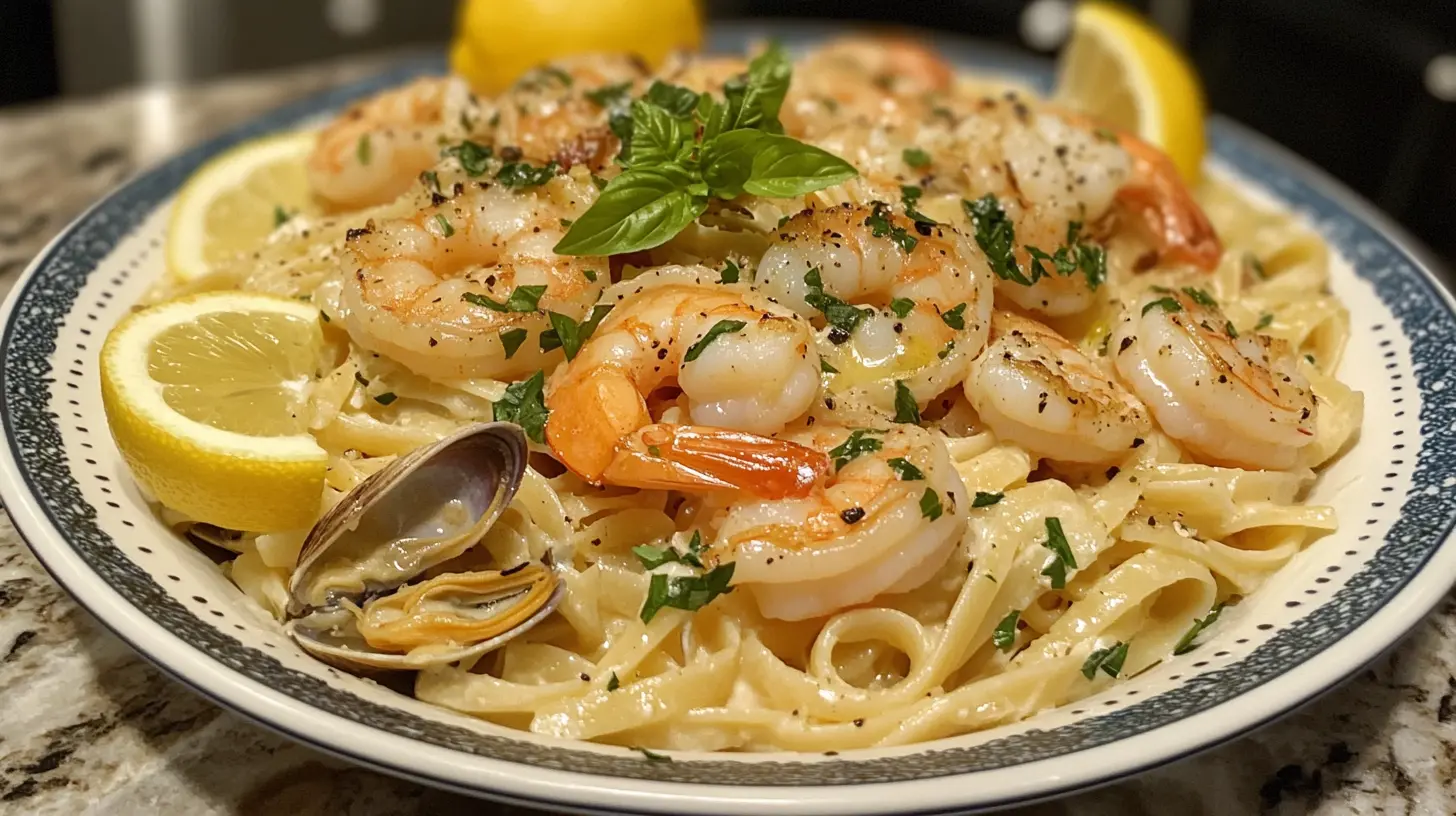 A plate of creamy seafood pasta garnished with parsley and lemon slices