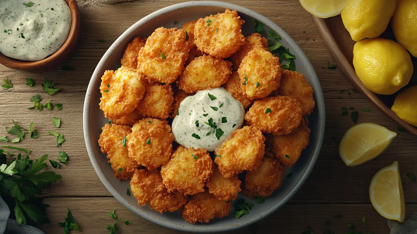 Golden fried fish fillet with herbs and lemon