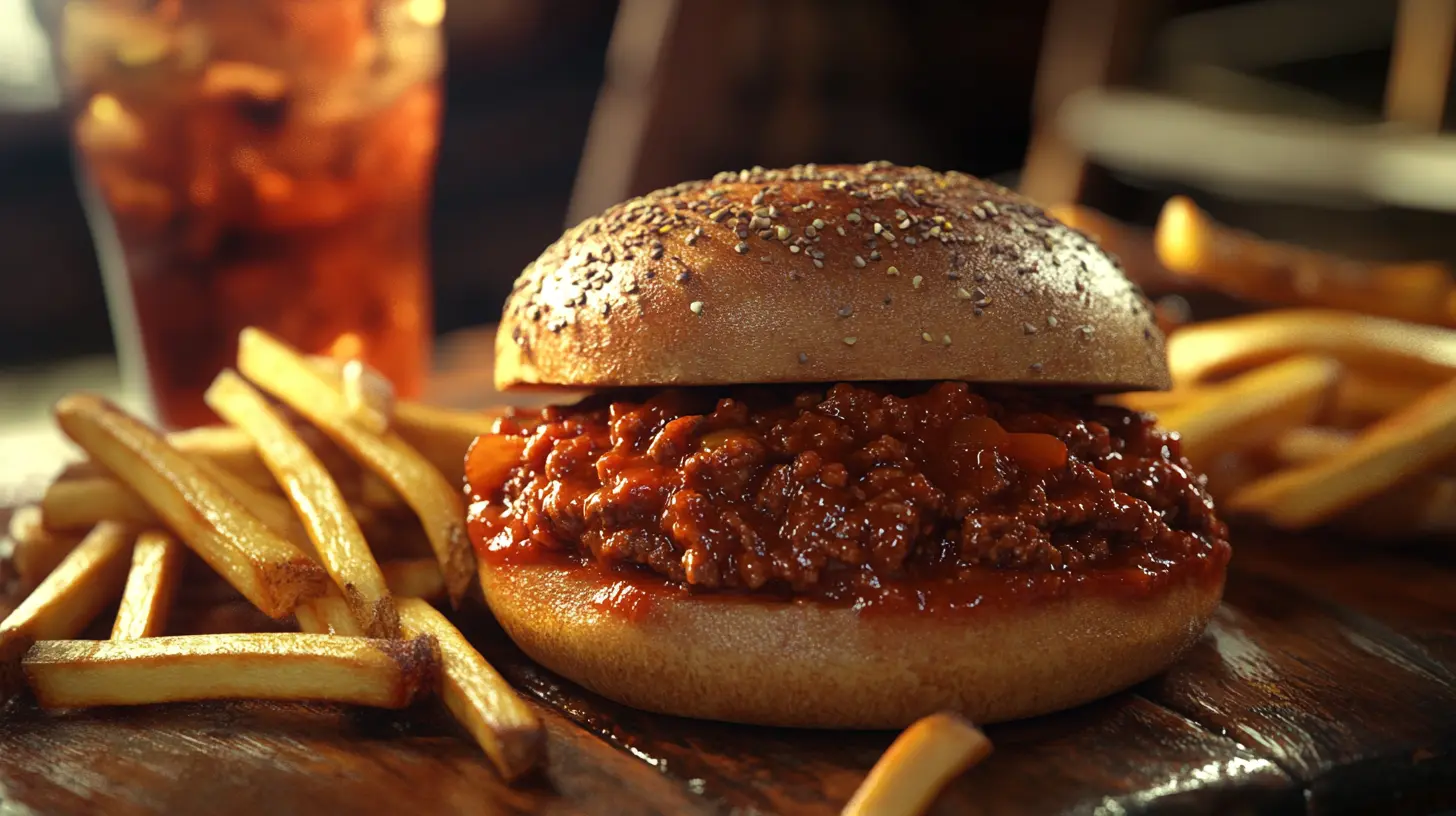 Sloppy joe sandwich with rich tomato sauce on a wooden table