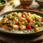 Diced chicken stir-fry with rice and vegetables on a rustic table