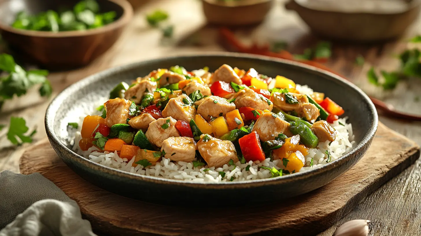 Diced chicken stir-fry with rice and vegetables on a rustic table