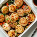 Overhead view of a fishcakes and scallops stir fry dish with colorful vegetables.