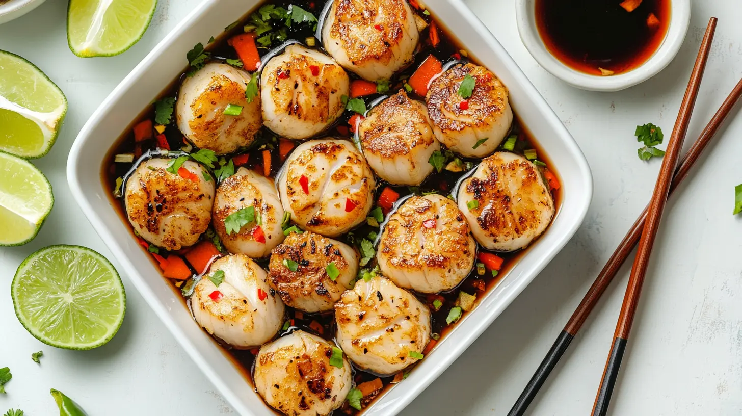 Overhead view of a fishcakes and scallops stir fry dish with colorful vegetables.