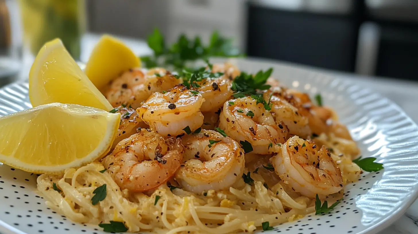 Plate of shrimp scampi served with lemon and parsley