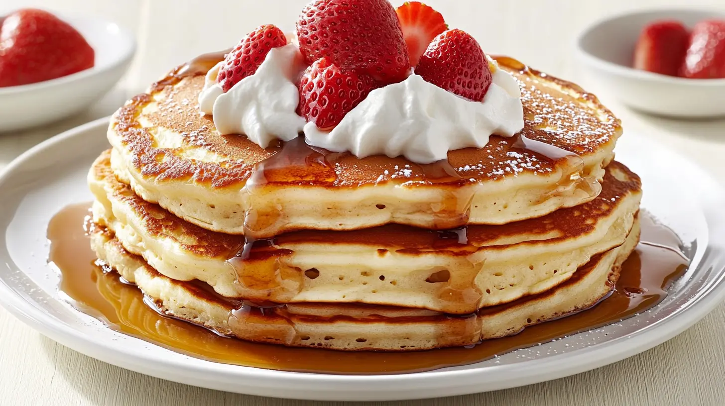 A stack of fluffy pancakes with strawberries and whipped cream