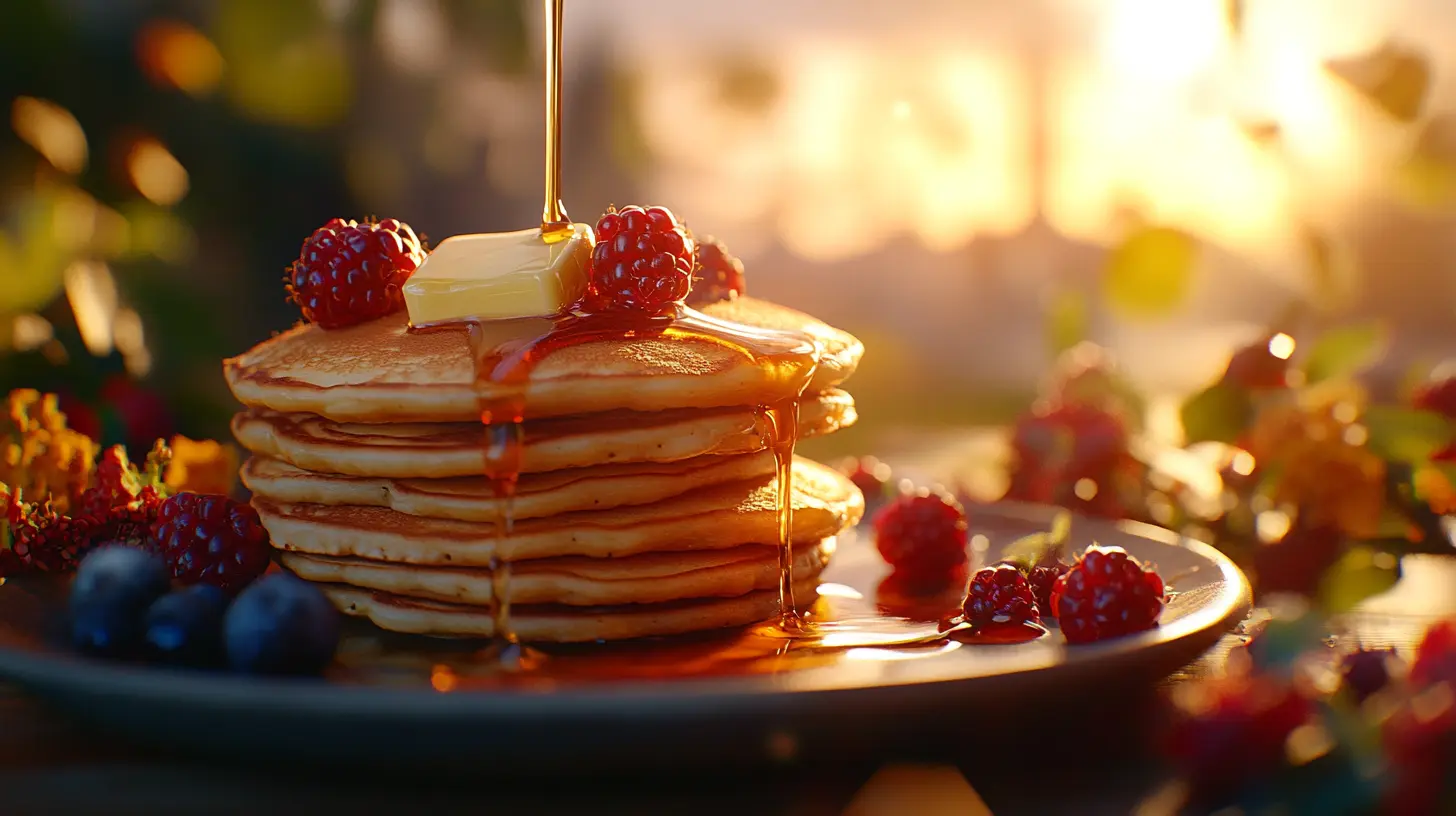 Stack of fluffy golden pancakes topped with syrup and butter