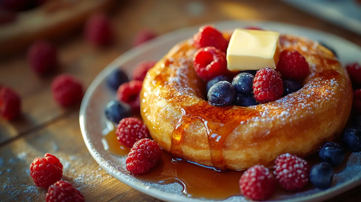 A perfectly toasted French toast bagel with maple syrup and berries