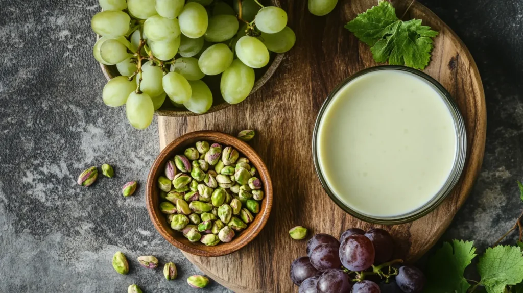 The Best Pistachio Pudding Recipe with Grapes – So Delicious! 2 Fresh pistachios, grapes, milk, and pudding mix on a wooden board