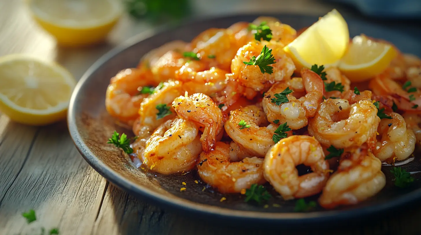 Garlic butter langostino tails with lemon wedges and parsley