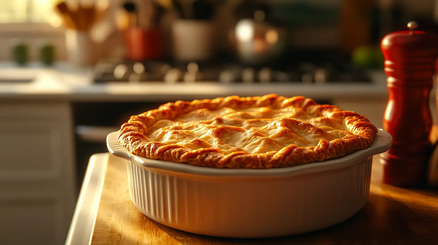 Golden brown chicken pot pie fresh out of the oven