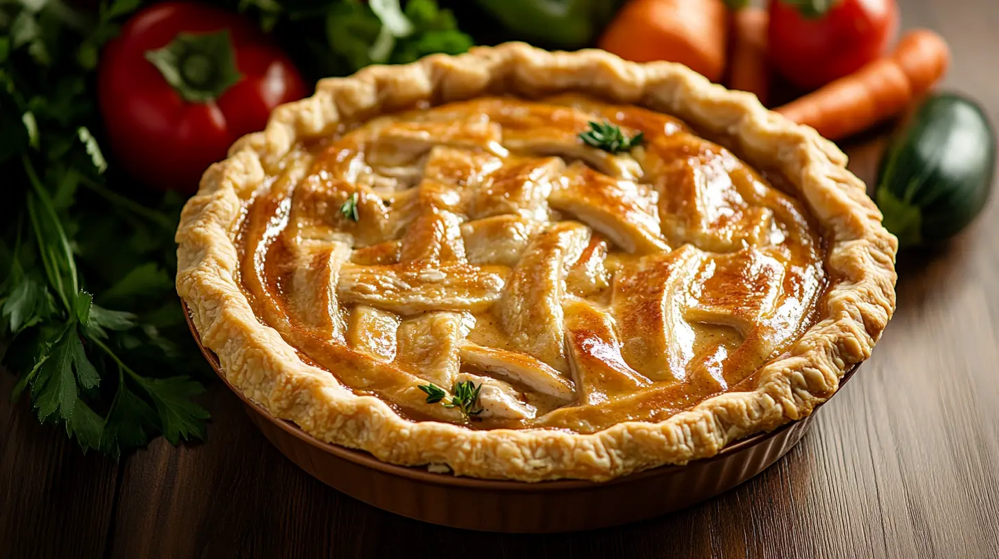 Golden-brown chicken pot pie on a wooden table with fresh vegetables