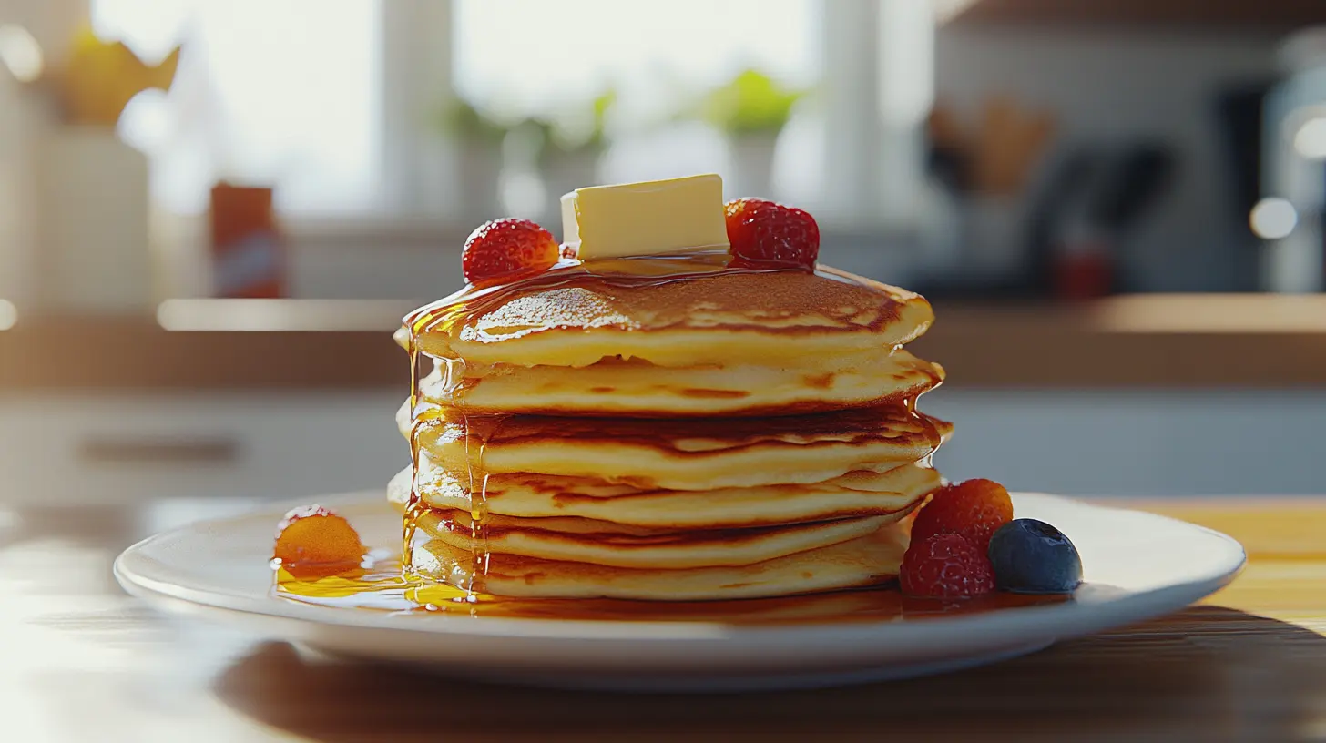 A perfect stack of golden fluffy pancakes with syrup and butter