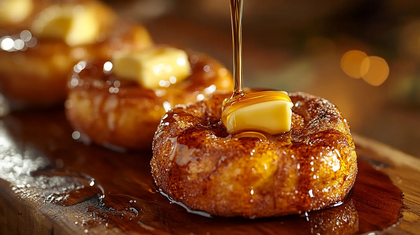 Golden French toast bagels topped with butter and syrup